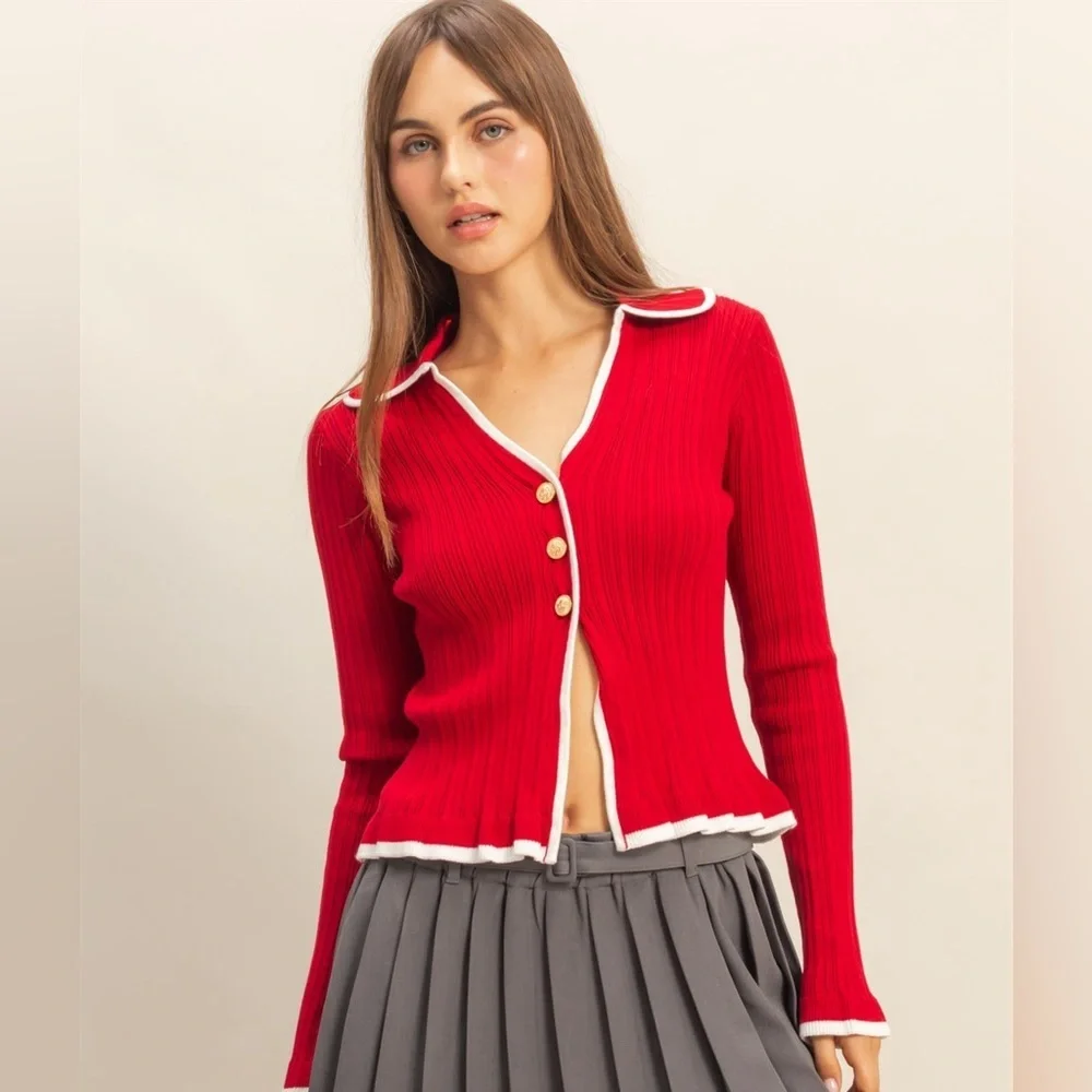 NEW HYFVE Red Ribbed Button Front Top w/ White Trim Coquette Size Medium
